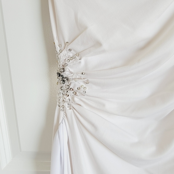 Nude White One Shoulder Crystal Sequin Evening Wedding Prom Bridal Gown Sz 8 - Picture 13 of 16